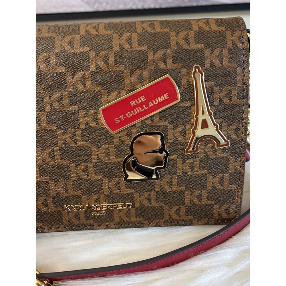 Karl Lagerfeld Brown Monogram Crossbody with Red Strap and Gold Hardware - Picture 4 of 12